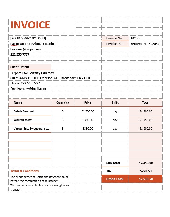 Cleaning Services Contract Agreement Invoice Template PSD template